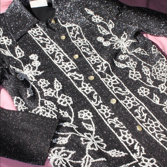 VTG 70s Black/Cream Glittery Metallic Floral Beaded Button-Up Disco Shirt - Picture 14 of 14